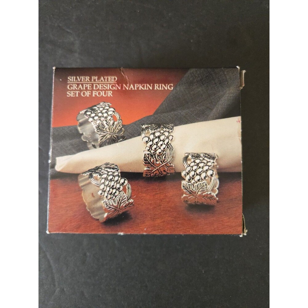 Vintage Godinger Silver Art Co Grape Design Napkin Rings Set of 4 Silver Plated